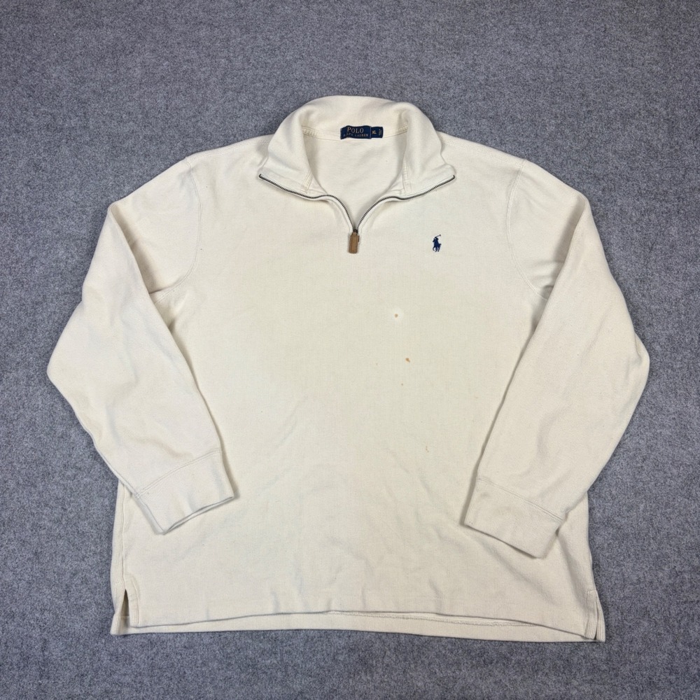 Polo Ralph Lauren Mens XL Quarter Zip Pullover Sweater Cream Ribbed Cotton Pony